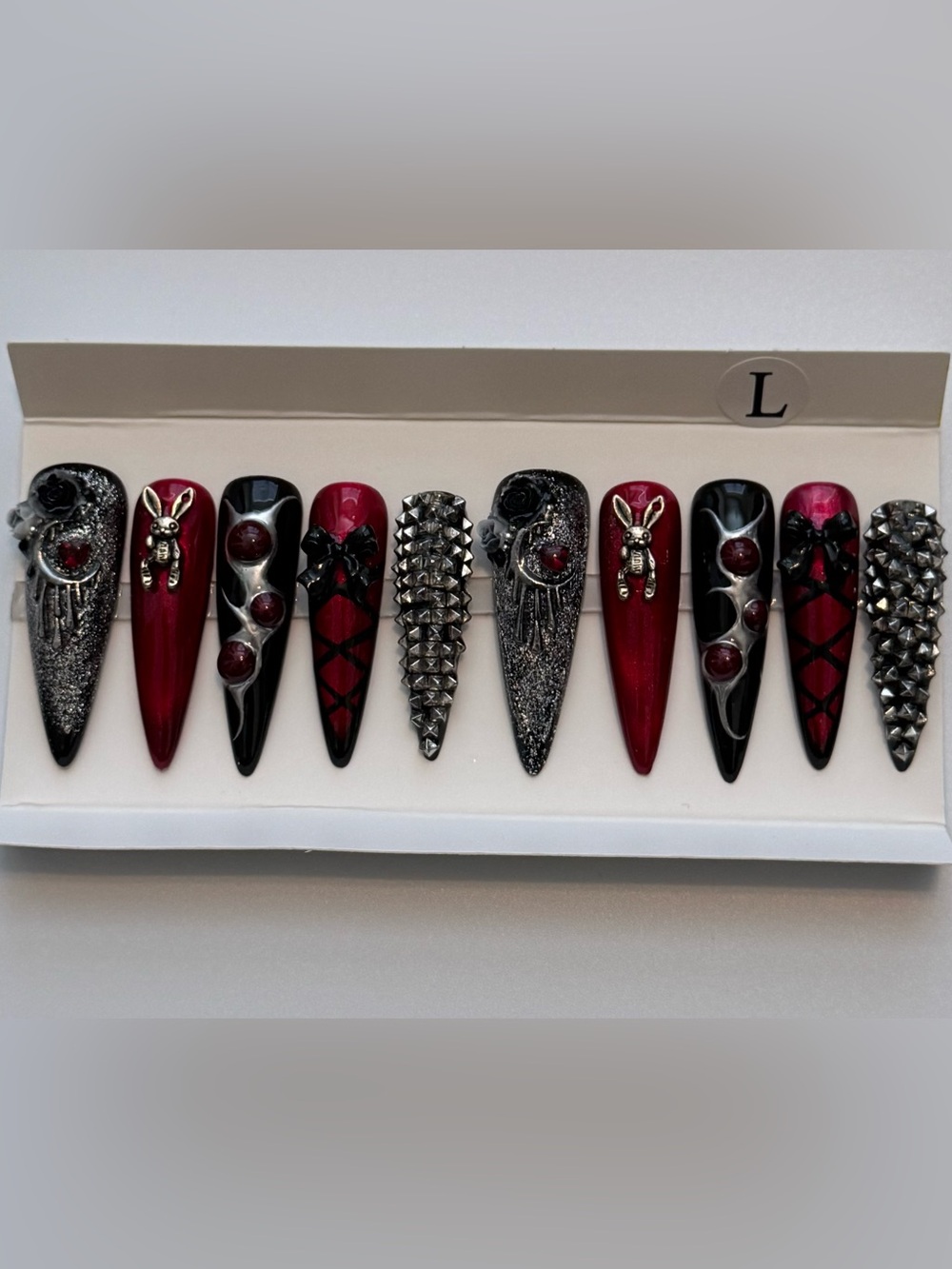 Red & Black Studded Gothic Stiletto Press-On Nails